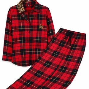 Polo Ralph Lauren Plaid Cotton Pajama Set Red/Black Leopard Collar XL